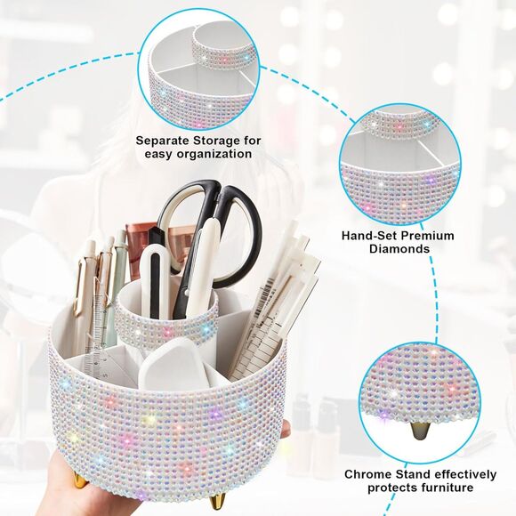 Diesisa 5Slot Makeup Brush Diamond White Cup 360° Rotating Makeup Brush Holder - Picture 5 of 5